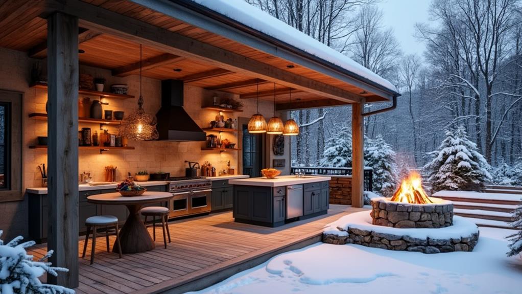 An outdoor kitchen with a warm fire pit, covered by snow, surrounded by a snowy forest.
