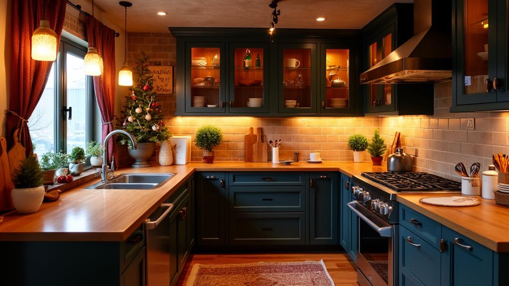 A cozy winter kitchen with warm tones, festive decorations, and practical design elements.