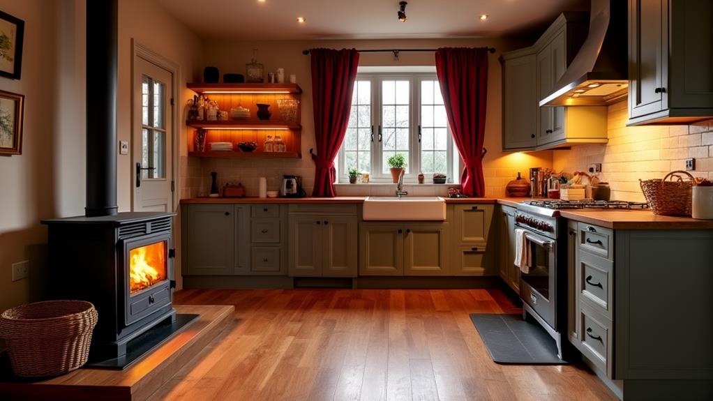 The image showcases a cozy, winter-ready kitchen with warm colors, inviting lighting, and practical design elements.